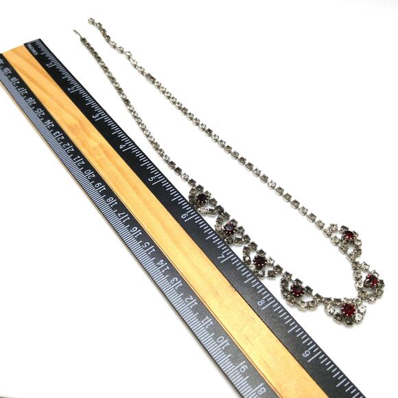 Vintage 1960s Rhinestone Choker Necklace, Rhodium Plated, Red Gray Clear Stones - Picture 2 of 10